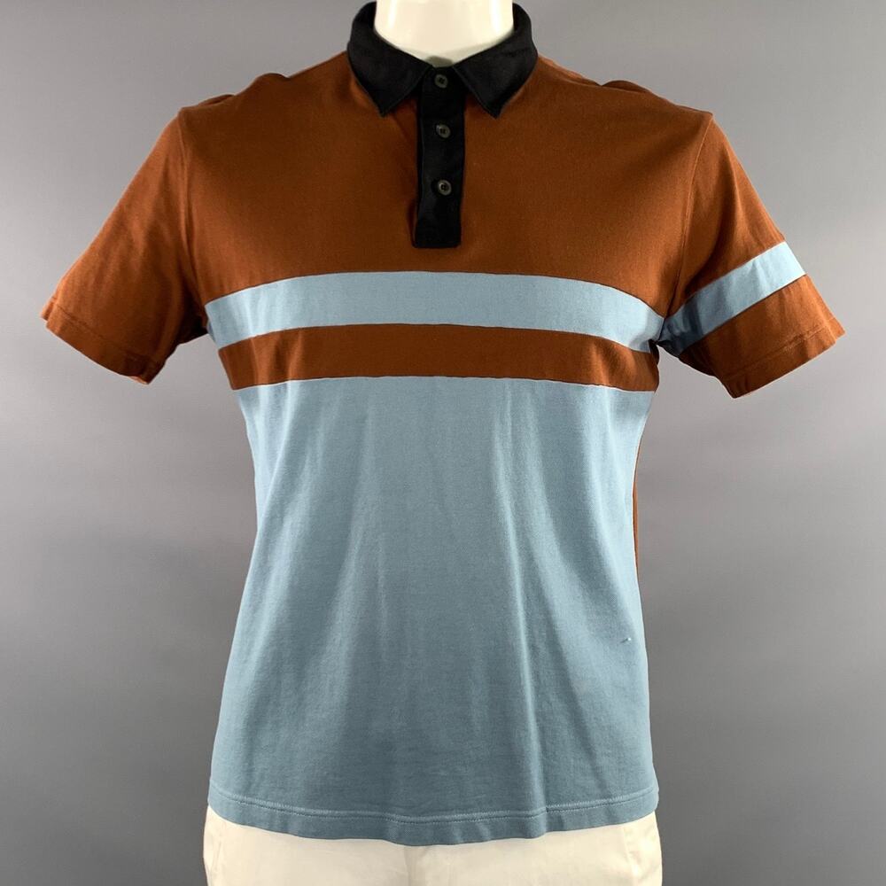 PRADA Size L Black Brown & Blue Color Block Pointed Collar Polo